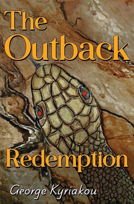 „The Outback Redemption“ von George Kyriakou. Illustration einer Schlangenfigur mit roten Augen auf braunem Hintergrund.