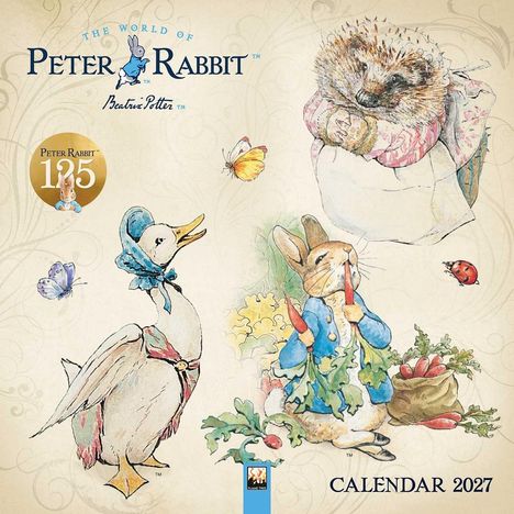 „The World of Peter Rabbit“, „Calendar 2027“. Illustration: Hase mit Möhren, Ente mit Halstuch, Igel und Schmetterlinge.