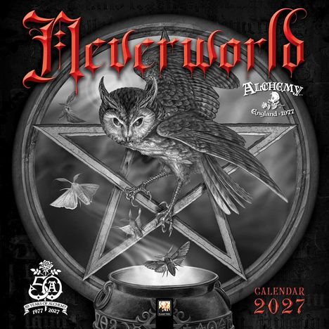 Text: "Neverworld", "Alchemy", "England 1977", "Calendar 2027". Illustration: Eule auf Pentagramm, umgeben von Schmetterlingen.