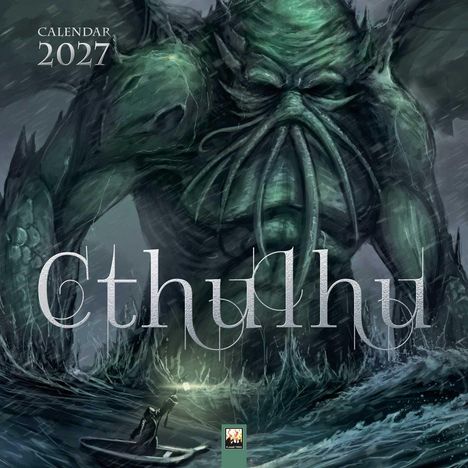Text: "Calendar 2027" und "Cthulhu". Illustration eines gigantischen, tentakelartigen Wesens im Meer vor stürmischem Himmel.
