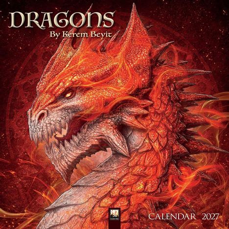 "DRAGONS By Kerem Beyit CALENDAR 2027". Ein detailreicher, feuerspeiender Drache in leuchtendem Rot.