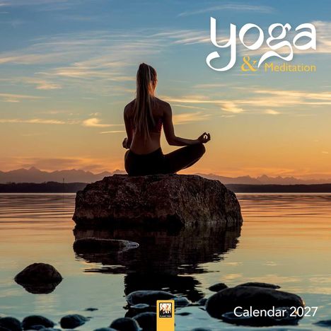 „yoga & Meditation“, „Calendar 2027“. Eine Frau meditiert auf einem Felsen im Wasser bei Sonnenuntergang.