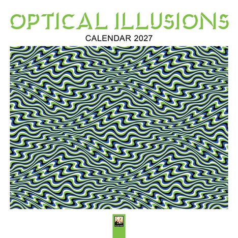 „OPTICAL ILLUSIONS“, „CALENDAR 2027“. Im Mittelpunkt ein psychedelisches, wellenförmiges Muster in Grün, Blau und Schwarz.