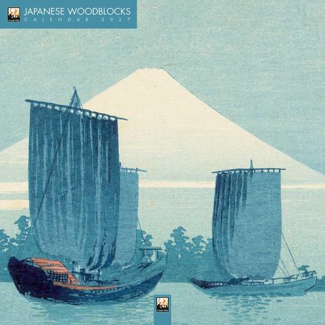 „JAPANESE WOODBLOCKS CALENDAR 2027“. Illustration von Segelbooten vor einem Berg im Hintergrund.