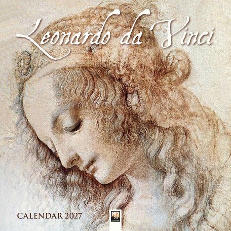 "Leonardo da Vinci", "Calendar 2027". Illustration eines sanft nach unten geneigten Frauenporträts mit detailliertem Haar.