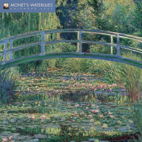 Text: "MONET'S WATERLILIES CALENDAR 2027". Illustration eines impressionistischen Gemäldes mit Japanischer Brücke über Seerosenteich.