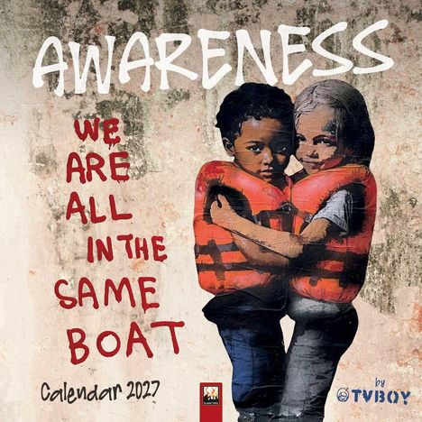 „Awareness. We are all in the same boat. Calendar 2027.“ Zwei Kinder in Rettungswesten umarmen sich. Eine Illustration.
