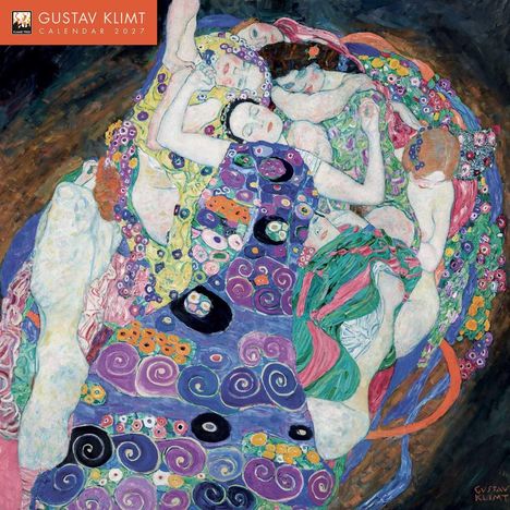 "GUSTAV KLIMT CALENDAR 2027" links oben. Illustration von eng umschlungenen Menschen in bunten, floralen Mustern.
