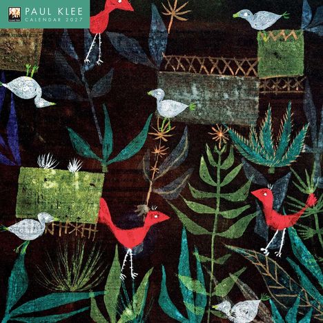 „Paul Klee Calendar 2027“. Illustration mit Vögeln und Pflanzen in lebhaften Farben.