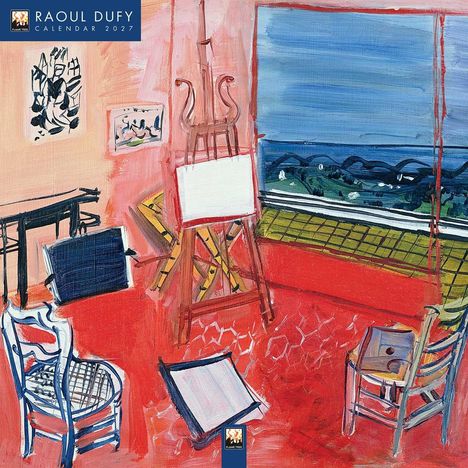 "RAOUL DUFY CALENDAR 2027." Illustration eines Ateliers mit Staffelei, Stühlen und einem Fenster mit Landschaftsansicht.