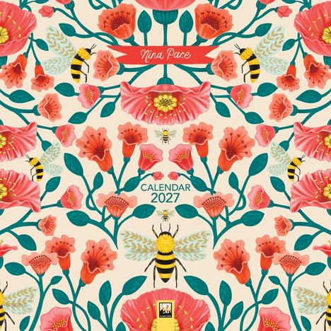 "Nina Pace", "CALENDAR 2027". Illustration mit Bienen und roten Blüten, umrahmt von grünen Blättern.