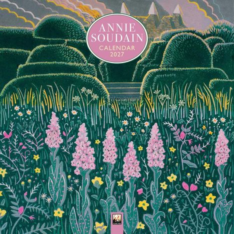 "ANNIE SOUDAIN CALENDAR 2027" steht oben in einem runden, rosafarbenen Kreis. Illustration: Blumenwiese vor Hecken.