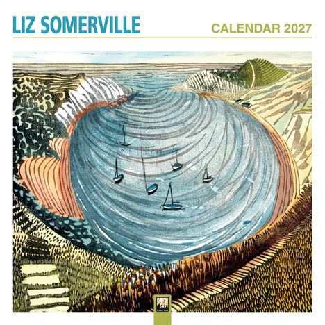 Text: "LIZ SOMERVILLE CALENDAR 2027". Illustration einer Bucht mit Booten, Klippen und grünen Hügeln.