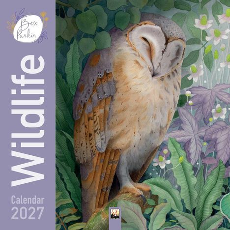 "Wildlife Calendar 2027." Eine schlafende Eule umgeben von grünen und violetten Blättern, illustriert in sanften Farben.