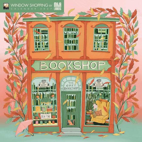 „BOOKSHOP“, „THE COZY BOOKSHOP“. Illustration eines orangefarbenen Gebäudes, umgeben von Herbstblättern.