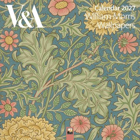 "Calendar 2027, William Morris Wallpapers". Florales Muster mit großen Blättern und bunten Blüten auf blauem Hintergrund.
