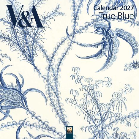 Texte: "V&A", "Calendar 2027", "True Blue". Illustration: Blaue Pflanzenmotive auf hellem Hintergrund.