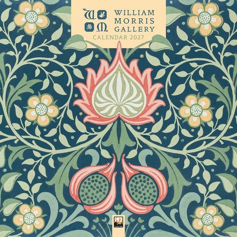 "WILLIAM MORRIS GALLERY CALENDAR 2027." Florales, farbenfrohes Muster mit Blüten und Blättern auf dunkelgrünem Hintergrund.