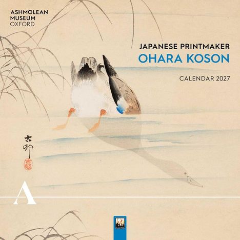 Texte: Japanese Printmaker Ohara Koson Calendar 2027. Design: Ente in Wasser mit Gräsern, traditioneller Stil.
