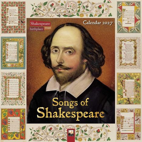 „Calendar 2027“, „Shakespeare birthplace trust“, „Songs of Shakespeare“. Porträt eines Mannes mit langem Haar und Bart.