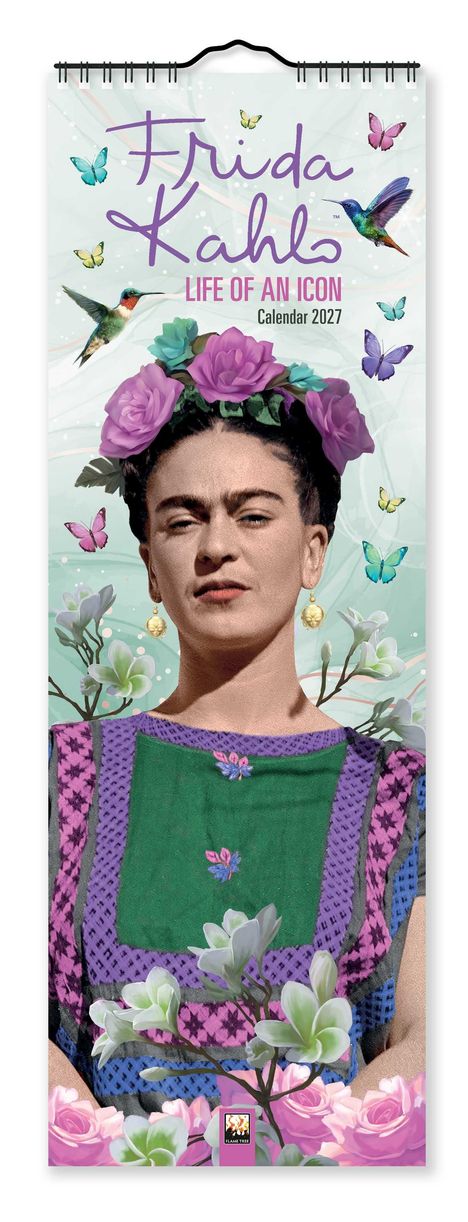„Frida Kahlo - Life of an Icon, Calendar 2027“. Porträt mit Blumen, Schmetterlingen, Kolibris und buntem Hintergrund.