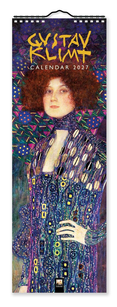 „Gustav Klimt Calendar 2027“, bunte Illustration einer Frau in einem verzierten Kleid mit welligem Haar auf gemustertem Hintergrund.