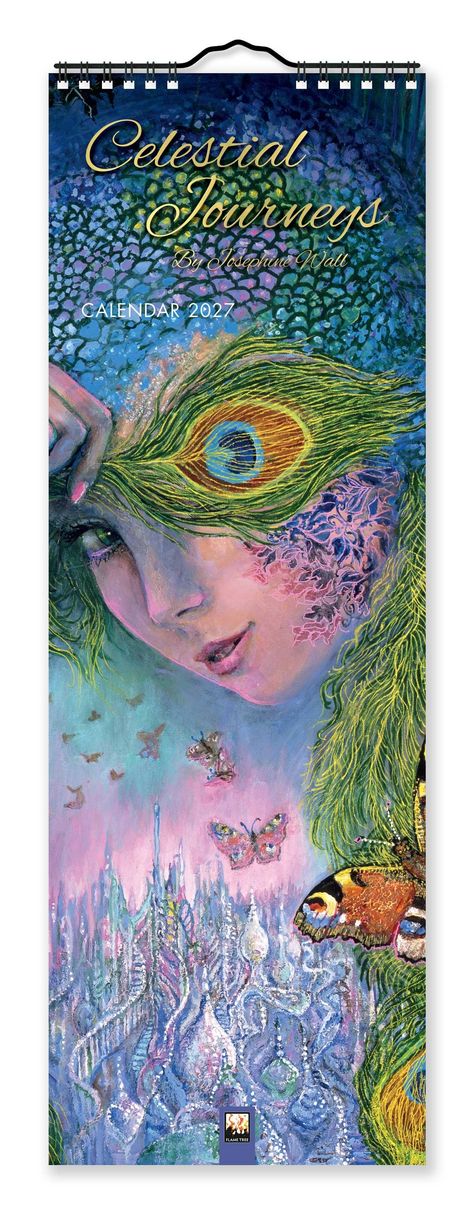 „Celestial Journeys“, „By Josephine Wall“, „Calendar 2023“. Fantasievolle Illustration einer Frau mit Pfauenfeder.