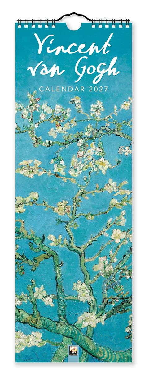 Text: "Vincent van Gogh Calendar 2027" über einem Gemälde von blühenden Zweigen auf einem blauen Hintergrund.