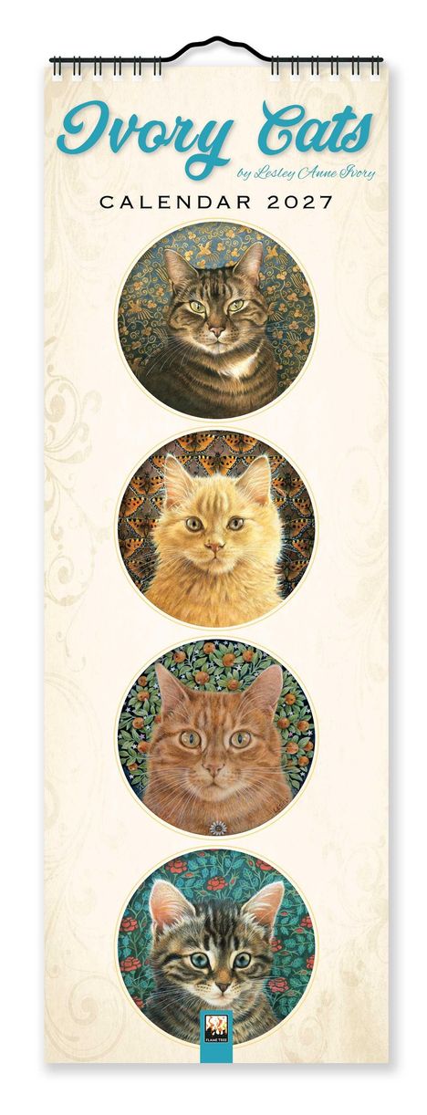 "Ivory Cats Calendar 2027" von Lesley Anne Ivory. Vier Katzenillustrationen in dekorativen Kreisen auf hellem Hintergrund.