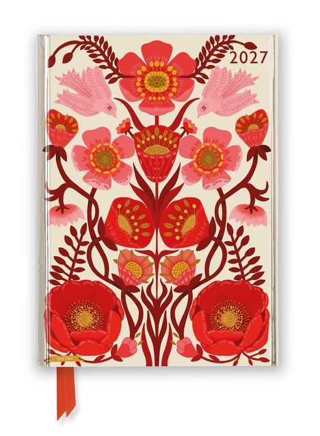 "2027" steht oben rechts. Illustration von roten und rosa Blumen mit zwei rosa Vögeln auf beigem Hintergrund.