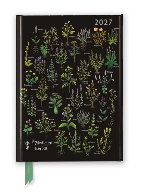 2027. A Medieval Herbal. Pflanzenabbildungen mit Namen auf schwarzem Hintergrund.