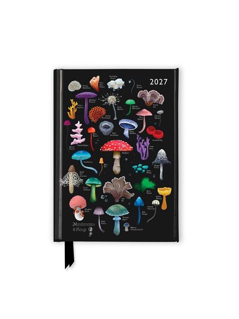 2027, Mushrooms & Fungi. Diverse Pilzsorten illustriert, in verschiedenen Farben und Formen auf schwarzem Hintergrund.