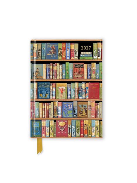2027 auf schwarzem Hintergrund. Illustration von Bücherregalen mit alten, bunten Buchrücken und klassischen Designs.