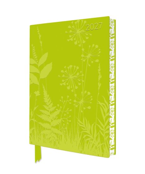 Der Text lautet "2027". Ein hellgrünes Notizbuch mit floralen Mustern und stilisierten Pflanzen im Cover-Design.