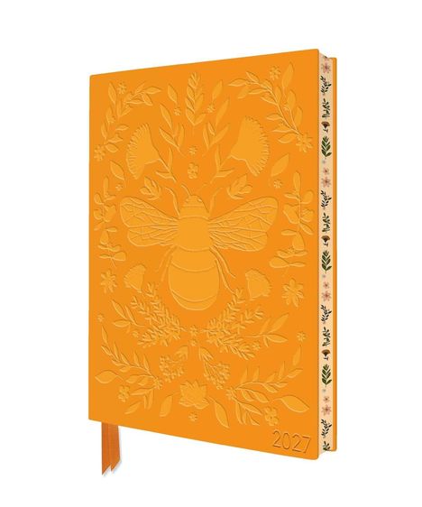 „2027“ in der unteren Ecke, orangefarbene Abdeckung mit geprägter Biene und Blumenmustern.