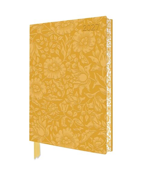 "2027" auf geprägtem, gelbem Cover mit blumigem Muster und goldenen Details.