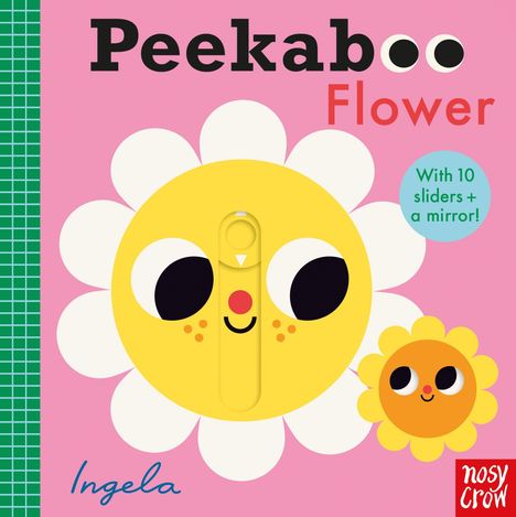 „Peekaboo Flower. With 10 sliders + a mirror!“ Eine fröhliche Illustration einer Blume mit Gesicht auf rosa Hintergrund.