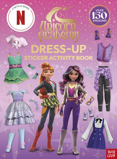 „Unicorn Academy“ Logo, darunter „Dress-Up Sticker Activity Book“. Zwei Figuren in modischer Kleidung, umgeben von Outfits.