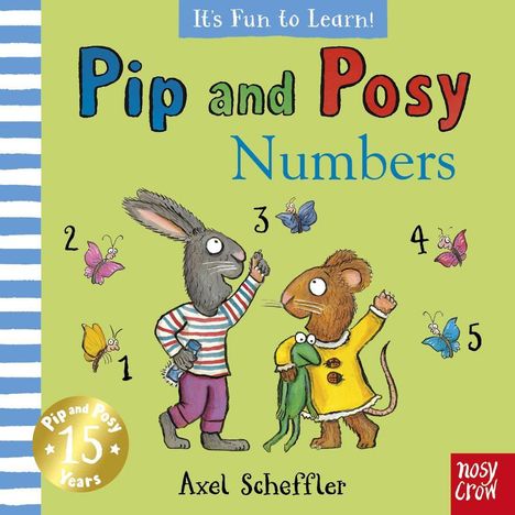 "Pip and Posy Numbers" zeigt Hasen und Maus mit Schmetterlingen, die Zahlen 1 bis 5 schweben um sie.