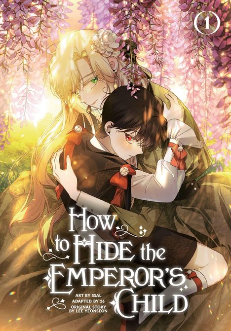 Text: "How to Hide the Emperor's Child". Blonde Frau und dunkelhaariges Kind in einem Blumenmeer, sanftes Licht.