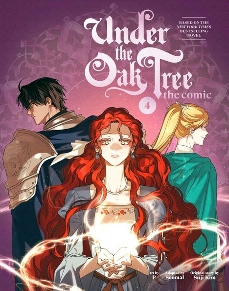 „Under the Oak Tree“, „the comic“, „4“. Drei Personen, mittig eine Frau mit roten Haaren, die Licht in den Händen hält.