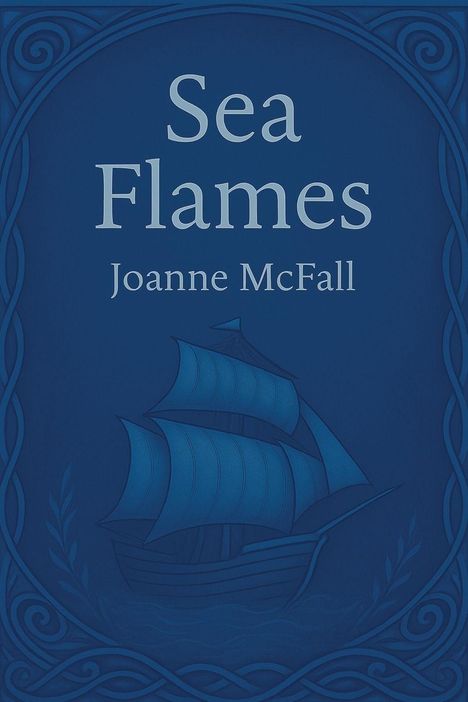„Sea Flames“, Joanne McFall. Dunkelblauer Hintergrund mit einer stilisierten Illustration eines Segelschiffs.