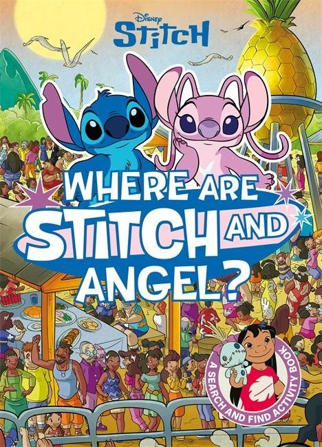 "Where are Stitch and Angel?" Text in der Mitte über knuddeligen, bunten Charakteren. Partyhintergrund, Ananashut.