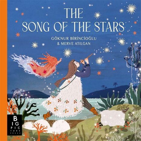 Oben steht „THE SONG OF THE STARS”. Darunter „Göknur Birincioğlu & Merve Atilgan”. Eine Frau spielt Flöte unter Sternen. Links fliegt ein orange-weißes Wesen. Unten links ein schwarz-weißes Logo.