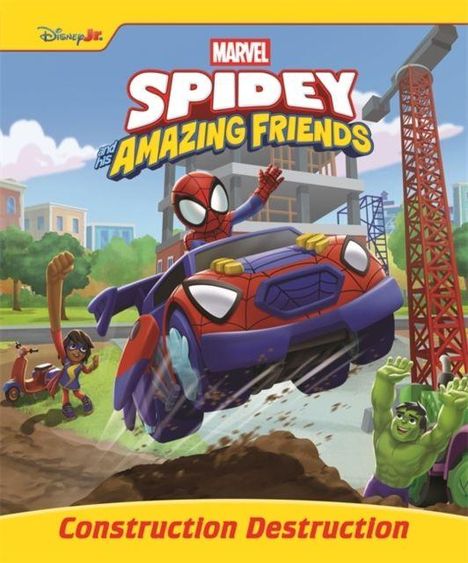 „SPIDEY AND HIS AMAZING FRIENDS“. Spidey im Auto, springend, Hulk und ein Mädchen in Bauumgebung. Comic-Stil.