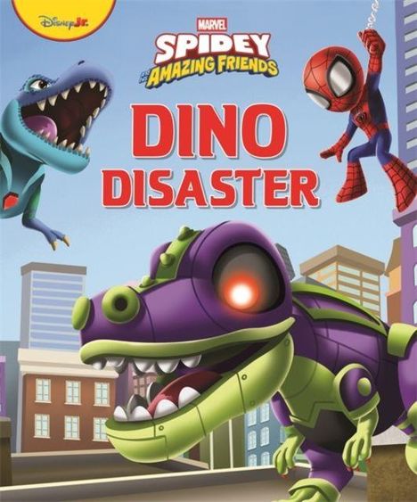 Text: Spidey and His Amazing Friends, Dino Disaster. Illustration: Ein lila-grüner Roboter-Dino in einer Stadt mit Spidey.