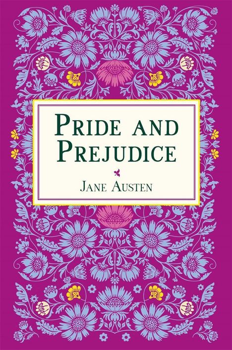 „Pride and Prejudice“, „Jane Austen“. Florales Muster, violett und blau, gelb akzentuiert, dekorativ.