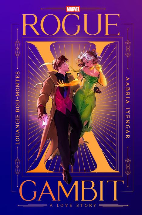 "ROGUE GAMBIT A LOVE STORY" steht im Zentrum. Zwei Figuren tanzen in eleganter Kleidung. Farben: Violett, Orange.