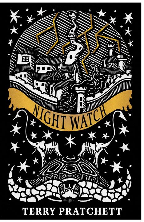 Text: "NIGHT WATCH" und "TERRY PRATCHETT". Eine stilisierte Schildkröte mit Sternen und Elefantenskeletten.