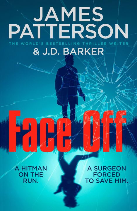 "Face Off", "A hitman on the run", "A surgeon forced to save him". Schatten eines Mannes und zerbrochenes Glas.